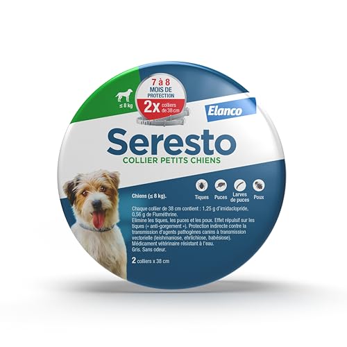 Seresto Collier Petits Chiens – 2 Colliers anti puces et anti tiques longue durée pour petits chiens de moins de 8kg – Protection leishmaniose, tiques, puces...