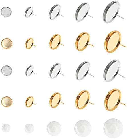 UNICRAFTALE 10/12/14mm Earring Bezel with Half Round Cabochons 80 Sets Stainless Steel Stud Earring Cabochon Setting Earring Blank Bezel Tray with NO Ear Backs for Earring Jewelry Making