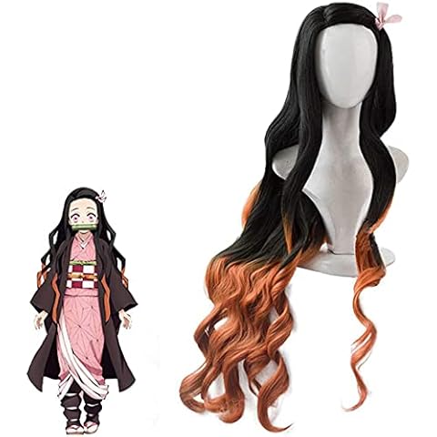 Kamado Nezuko Demon Slayer Wig, Japanese Anime Character Cosplay Wigs with Accessories, Long Curly Black Orange Gradient Nezuko Cosplay Kids Wig for Halloween Props Cover
