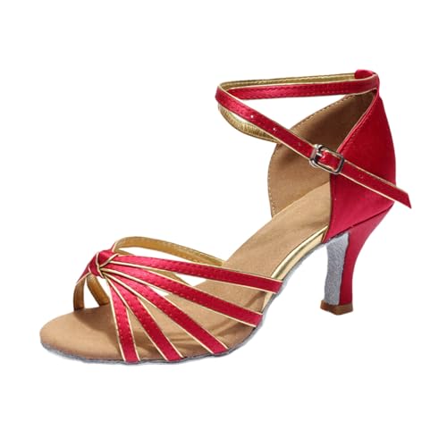 Generisch Sandalias de mujer de 2026 cm con zapato de baile latino y decoración de nudos, suela deslizante, zapatos de noche cómodos con tacón medio para ocasiones informales en interiores, Vino, 42
