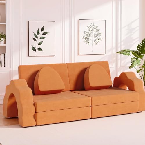 MAMIZO 10pcs Modular Kids Play Couch, Child Sectional Sofa, Large Size, Toddlers Floor Sofa W/Suede Cover, Convertible Foam Cushion for Playroom Creative Boy Girl (Orange)