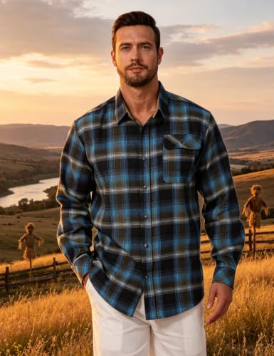 Drazivon Men's Button Down Long Sleeve Cotton Flannel Shirt Plaid Blue M - image 2