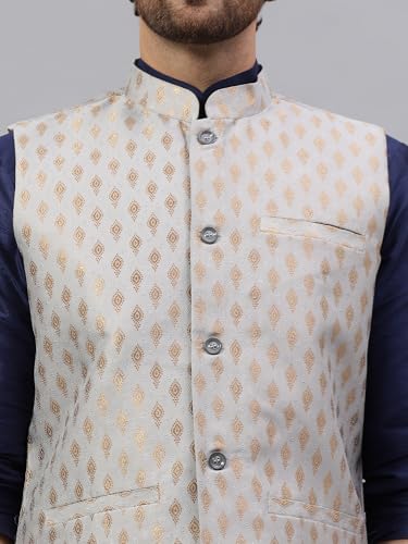 Image of LATEST CHIKAN Men's Silk Blend Kurta Pyjama Set with Jacquard Nehru Jacket - Festive&Wedding-Wear