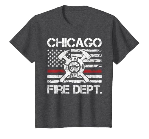 Chicago Illinois Fire Department Thin Red Line Fireman T-Shirt, Youth, Dark Heather Grey, 2T