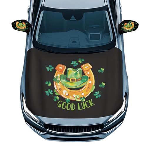 CLOHOMIN Green Hat Car Hood Cover with Auto Side View Mirror Cover Green Leaf Car Front Hood Cover 3 Pack St. Patrick's Day Auto Decorative Accessory for Most Cars Sedans