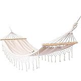 Super Optik - diese Naht gestreiften Stoff Hängematte für Ihren Garten fügt eine traditionelle Atmosphäre. Holz Spreizstange sorgt für zusätzliche Stabilität und Stil. Baumwollseil auf beiden Seiten einer Last gleichmäßig die gesamte Oberfläche verteilt sind. Er scheute sich nicht, die Hängematte zu legen. .