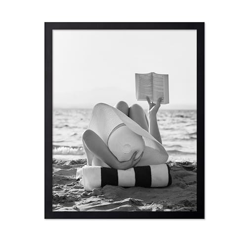 Poster Master Beach Poster - Woman Reading Book at the Beach Print - Vacation Illustration - Photography Piece - Black and White Print - Ocean or Beach House Coastal Decor - 11x14 Black Framed