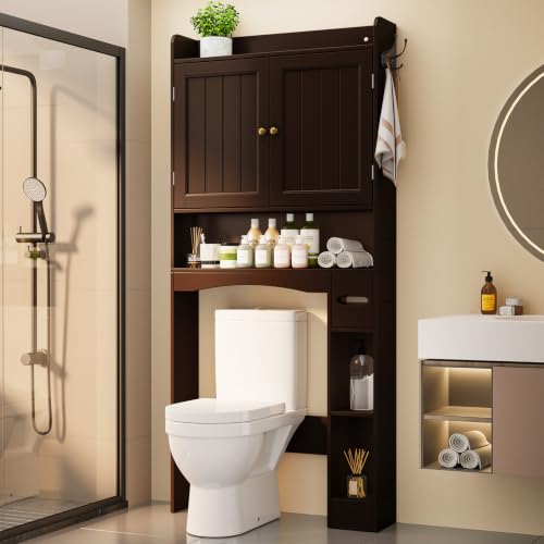 Image of Over The Toilet Storage Cabinet, 32.3 inch W, Grey | Over Toilet Bathroom Organizer with Doors, Adjustable Shelves, Toilet Paper Holder, 2 Side Hooks, for Bathroom, Laundry