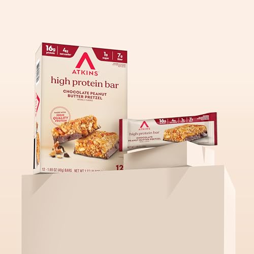 Image of Atkins Chocolate Peanut Butter Pretzel High Protein Bar, High Fiber, 16g Protein, 1g Sugar, 4g Net Carbs, Keto Friendly, 12 Count