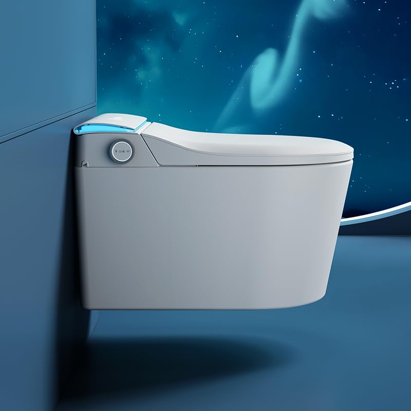 Inodoro inteligente montado en la pared con bidé, tapa automática, capacidad 500 lbs, control por sensor de pie, asiento calefactable y secador de aire, sin límite de presión de agua, control remoto inalámbrico miniatura 1