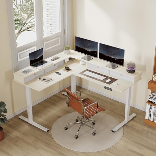 Image of FLEXISPOT 63 inch L Shaped Standing Desk with Shelf Electric Corner Table, Drawers, Adjustable Computer Workstation for Home, Office, 63x55in, Light Maple Top + White Frame