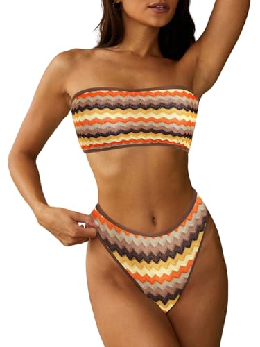 Image of ZAFUL Women Strapless Textured Bandeau Bikini 2 Piece Swimwear Cheeky Solid Lace up Bathing Suits
