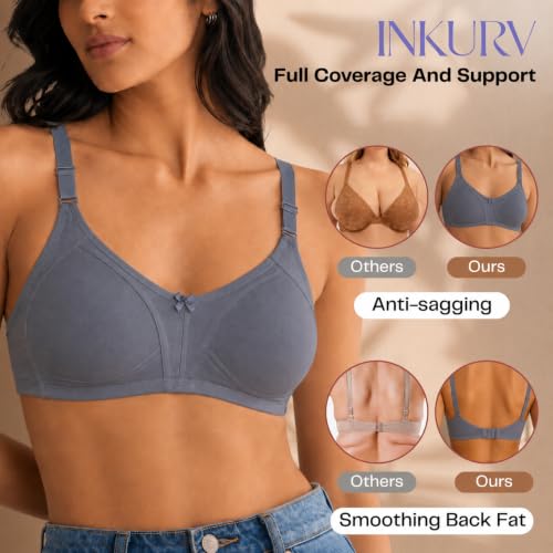 Image of INKURV Seamless Bra for Women Full Coverage | Cotton Hosiery T-Shirt Brassiere - Non Padded Wireless Lift for Everyday Wear| Moulded Cups for Chest Lifting- SAGE