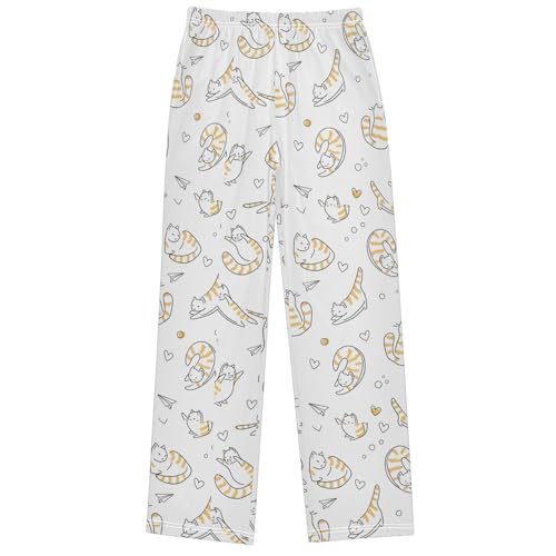 Boy's Pj Pants Cute Drawn Cat White Yellow Lounge Bottoms Elastic Waist Kids Joggers with Pockets Size 6-14