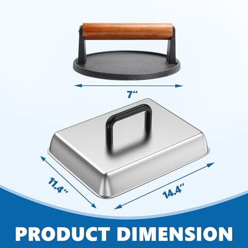Image of SafBbcue Round Cast Iron Smash Burger Grill Weight Press & Griddle Steamer Melting Dome Basting Cover for Blackstone Flat Top Grills Accessories, 14 inch Rectangular Stainless Steel Grill Basting Cover