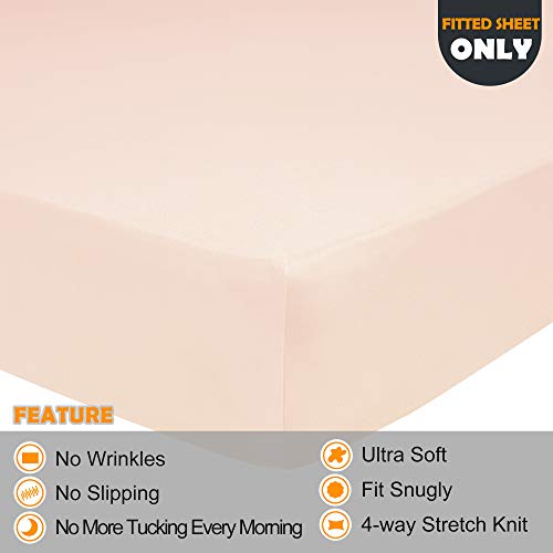 Image of King Size Fitted Sheet Only - 4-Way Stretch Jersey Knit, Snug Fit, Wrinkle Free & Stay in Place, No More Slipping Off for Mattress, Soft & Comfortable - Blush Pink, King