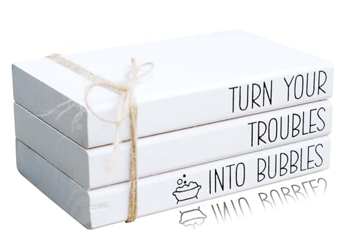 Image of Mini Farmhouse Bathroom Decor - Funny Rustic Wooden Decorative Books Stack for Restroom Shelf Decor - Bathroom Decorative Accent for Guest Bathroom,Turn Your Troubles into Bubbles Sign