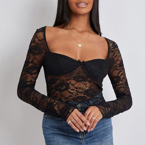 Women Lace Long Sleeve Shirt Top Y2K Slim Fit Crop Top Sexy Lace Low Cut Top Tee Club Streetwear4