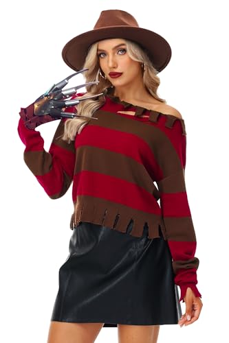 AOBUTE Womens Halloween Red and Olive Striped Sweater Long Sleeve Sexy Cropped Costume, Red & Green, L