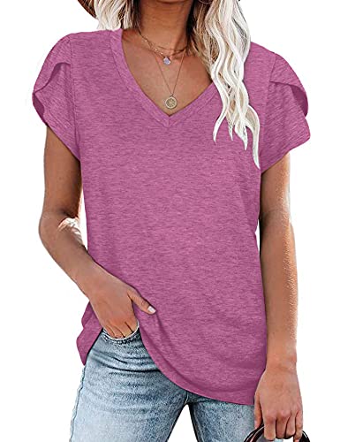 LOLLO VITA Women T-Shirts V Neck Short Sleeves Tops Summer Loose Tunic Casual Basic Petal Sleeve Blouses Tees Purple