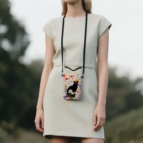 Image of Cell Phone Sleeve Pouch with Adjustable Strap - Cat with Floral