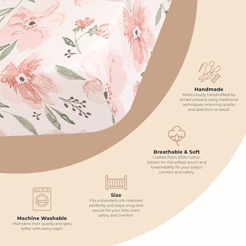 Image of Crane Baby Floral Crib Sheets, 100% Cotton, Breathable Baby Bedding for Standard Mattress, Pink Nursery Decor, Machine Washable Pink Floral Crib, Toddler Sheets