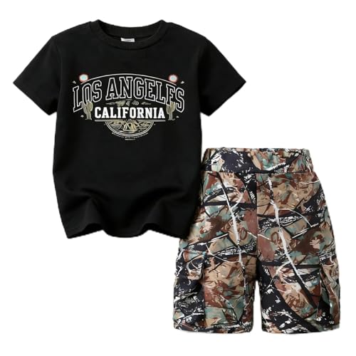 Voxikodex Tween Boys Fashion Size 11 12 Shorts Sleeve T Tee Top Shirts & Camouflage Cargo Shorts 2026 Summer Clothes Outfits Set Black(11-12)