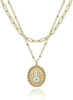BUREI Layered Choker Necklace for Women Gold Paper Clip Chain necklace Hamsa Hand Eye Pendant Necklace for Girls Evil Eye Blue CZ Lucky Amulet Layered Necklace