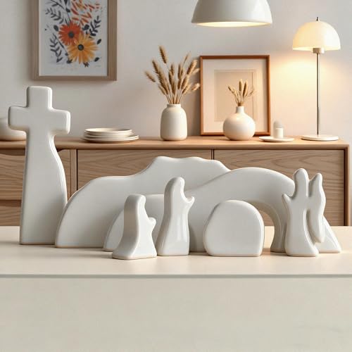 Image of NEROSUN Empty Tomb Easter Scene and Cross Decoration, Ceramic Resurrection Scene Cross Jesus Tomb Decor, Christmas Decoration Jesus Nativity Scene for Religious Home Office Tabletop Christian Gifts