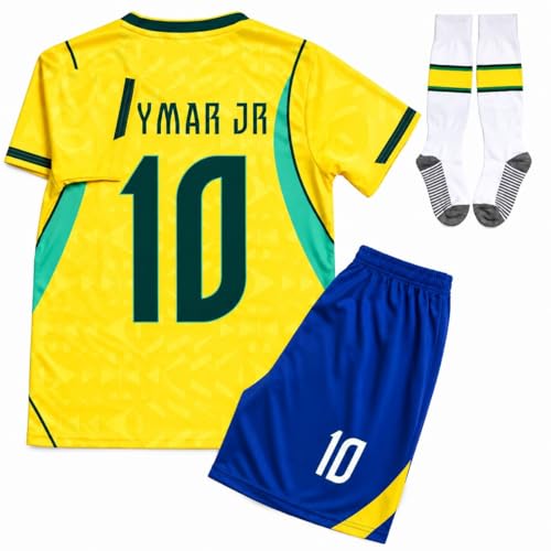 LACSPORT Neymar Jr 10# Kids Soccer Uniform Set with Socks Brazil Inspired Colors Soccer Jersey & Shorts Kit (US Age 9 Years 10 Years Yellow/Blue)