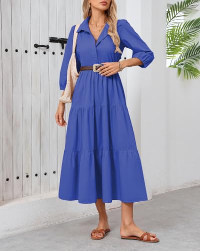 Image of Women Button Down Maxi Shirt Dress Long Sleeve Flowy Tiered Collared Dresses with Pockets