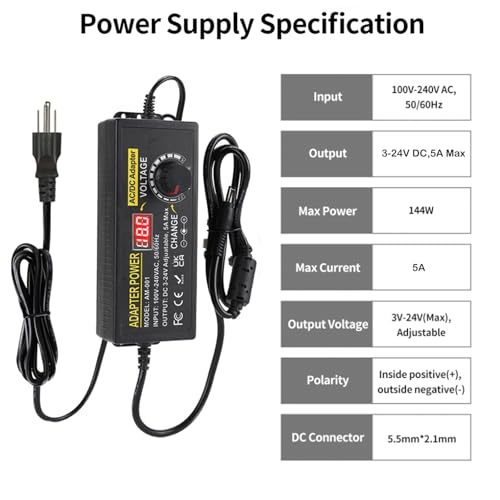 Adjustable Power Supply 3V~24V 5A 120W Universal 100V-240V AC/DC Power Adapter Converter 8V 12V 15V 18V 19V 20V 24V Power Supply with 14 DC Tips&Polarity Converter for LED Strip Light Printer Speaker2