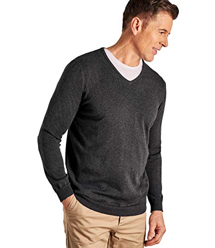 WoolOvers Mens Combed Cotton V Neck Sweater Dark Charcoal, XL