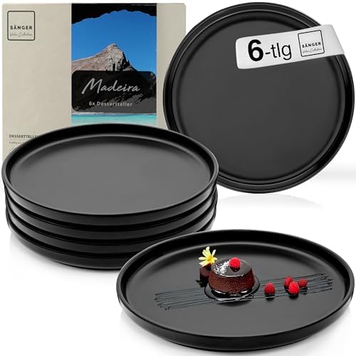 SÄNGER Madeira Dessertteller 6 teilig, Steingut Teller Set 6 Personen | kleine Teller spülmaschinenfest mikrowellenfest multifunktional, Steingut Geschirr schwarz matt