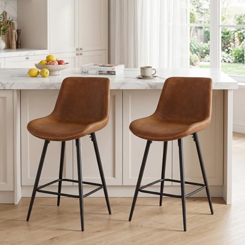 Taburetes de bar COSTWAY de cuero sintético, sillas altas de 24 pulgadas con respaldo ergonómico y reposapiés, patas metálicas resistentes, para isla de cocina o bar, fácil montaje, marrón + negro (juego de 2) miniatura 4