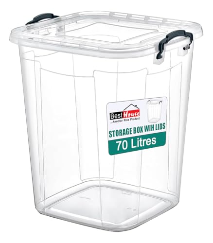 Best House | Plastic Storage Box with Clips & Lids | Size: 70L (L:47.9cm W:45cm H:56cm) | Set of 1 | Square Shape | Stackable Clear Durable Multipurpose Office Home Kitchen Tools (LARGE Size)