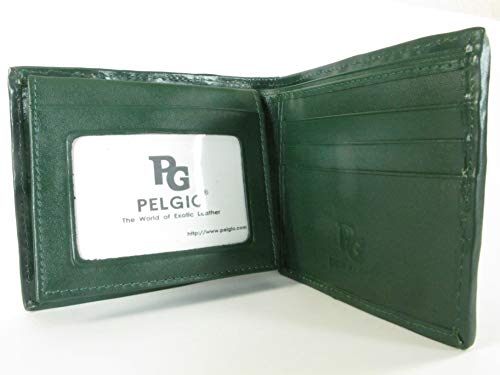 Image of Pelgio Genuine Crocodile Alligator Backbone Skin Leather Bifold Wallet ([B1] 6 Card Slots + 2 ID Windows + 2 Compartment for Bills, Fir Green)