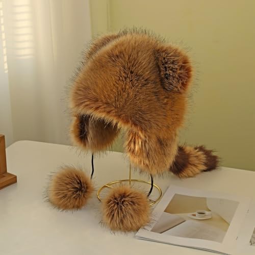 Chic New Raccoon Ear Protective Caps with Tail，Soft and Cozy Faux Raccoon Fur Hat—Plush Parent-Child Hat for Winter3