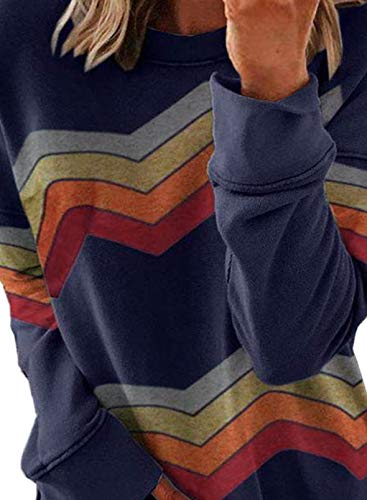 Acelitt Womens Color Block Sweatshirt Round Neck Long Sleeve Casual Loose Pullover Tops Shirts Blue Large #TOP3