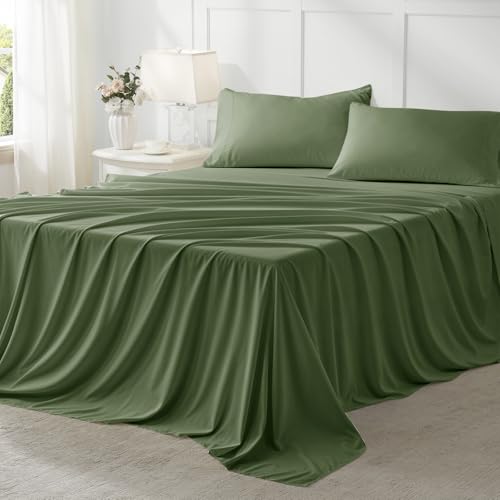Anluoer Queen Comforter Set 7 Piece, Olive Green Bed in a Bag with All Season Bedding Comforter Sets, 1 Comforter, 2 Pillow Shams, 2 Pillowcases, 1 Flat Sheet, 1 Fitted Sheet