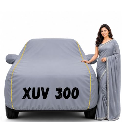 Image of Waterproof Car Body Cover for Xuv 300 All Weather Protection Comes with Inner Cotton Lining & Triple Stitched with Mirror & Antenna Pocket Belt & Elastic Fit Grey with Yellow Piping2