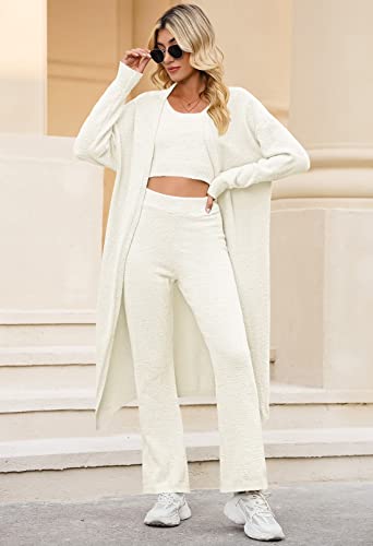 Linsery Women Fuzzy 3 Piece Loungewear Open Front Cardigan Crop Vest Top Wide Legs Pants Cozy Outfits White S #TOP4