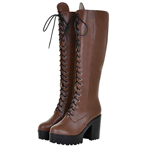 Image of Parisuit Women's Knee High Goth Platform Boots Lace Up Combat Boots | Chunky High Heel, Buckle Boots, Punk Chain Boots