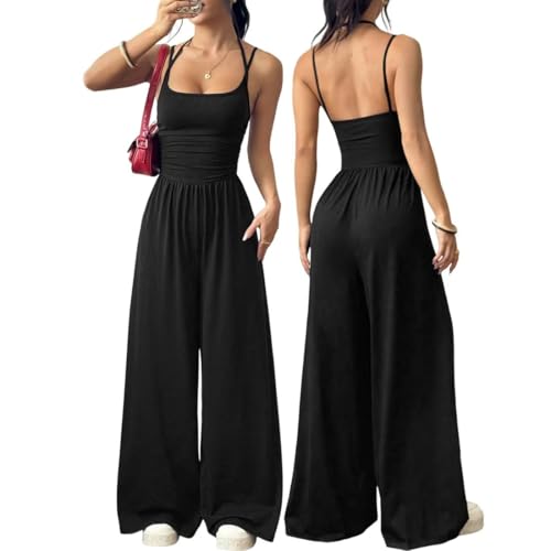 Hanaoops Combinaison Femme d'Été Sans Manches Sexy Jumpsuit Dos Nu Col Licou Jambe Large Barboteuse Chic et Élégant Slim Pantalon Une Pièces Élasticité...