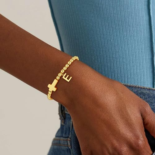 Gold Initial Bracelets for Women Girls - 18K Gold Plated Cross Initial Bracelet Dainty Beaded Bracelet Gold Bracelets for Women Teen Girl Gifts4