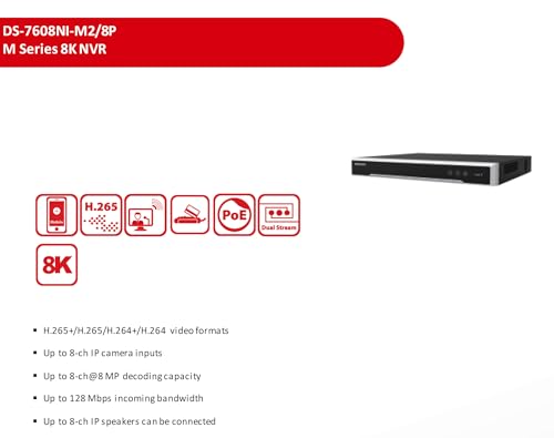 Image of DS-7608NI-M2 /8P H.265 8 Channel PoE 8K Network Video Recorder NVR, Up to 32MP Resolution Input, Hard Drive Not Included, Support Firmware Upgrade