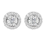 Stfery Aretes de oro blanco de 18 quilates con diamantes para mujer, aretes redondos de halo pavé con diamantes de 0,25 quilates, oro real de 18 quilates
