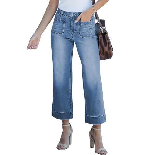 luvamia Wide Leg Jeans for Women Trendy High Waisted Flare Jeans Cropped Denim Pants Stretchy Baggy with Patch Pockets Medium Blue Tides