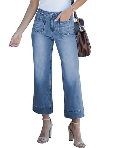 luvamia Wide Leg Jeans for Women Trendy High Waisted Flare Jeans Cropped Denim Pants Stretchy Baggy with Patch Pockets Wide Leg Jeans for Women Wide Leg Trousers Women Blue Tides Size 20 Size 22