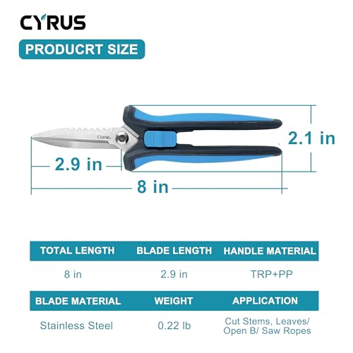 CYRUS Pruning Shears 8" Hand Gardening Scissors Extended Straight Carbon Blades Trimming Precision Bud Scissors with Sharp Serrations Widely Used for Gardening, Hydroponics, Grow Tents — view 3